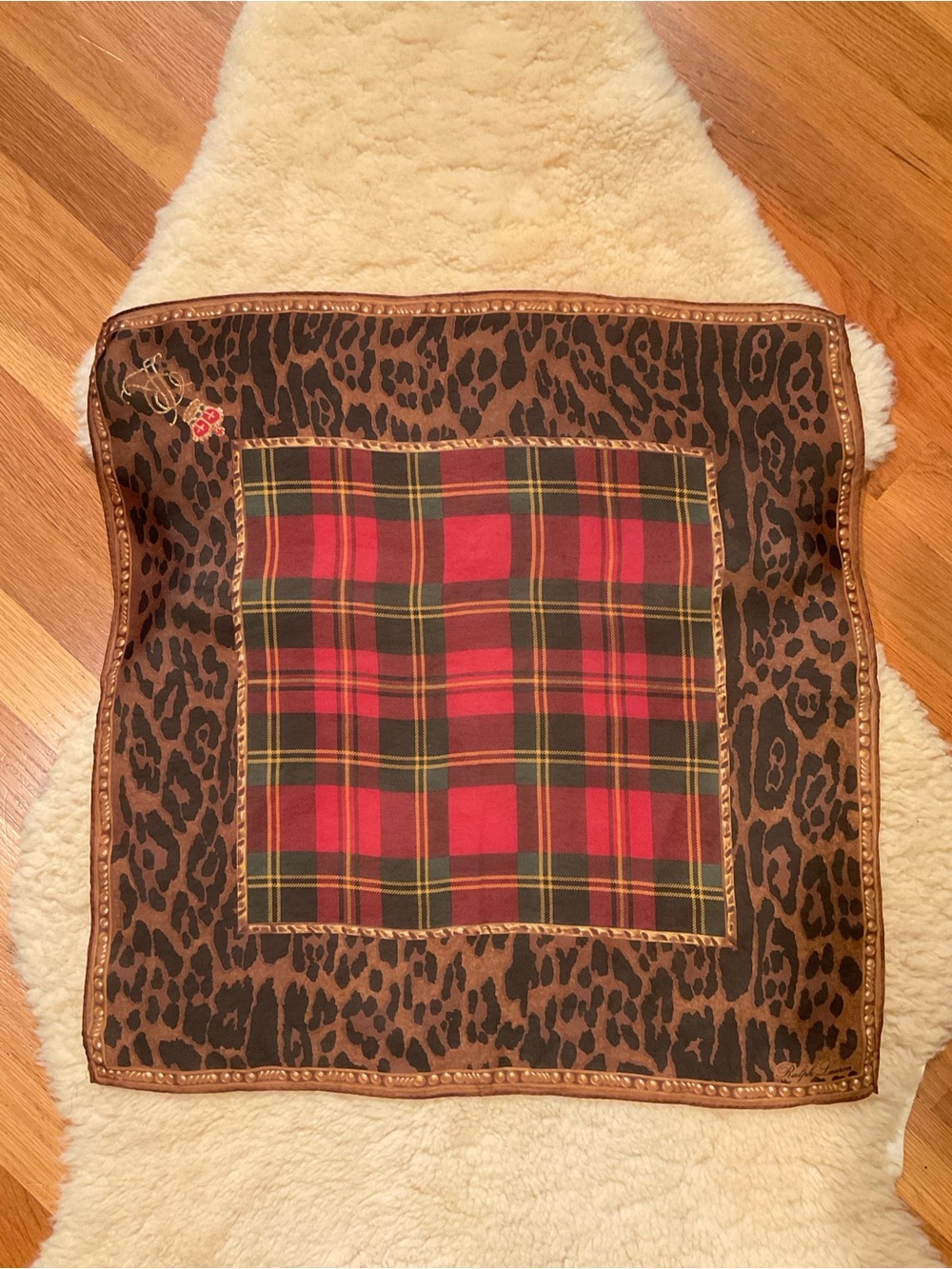 Ralph Lauren silk plaid and leopard print silk scarf